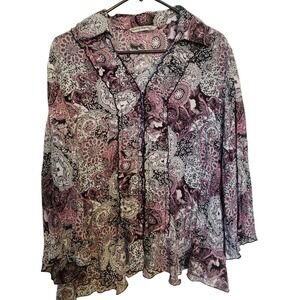Signature by Larry Levine Print Blouse Ruffle Front Long Sleeve Top‎ 1X